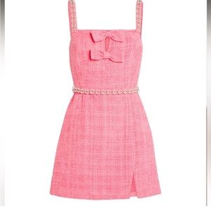 Self Portrait Pink Boucle Bow and Pearl Mini Dress